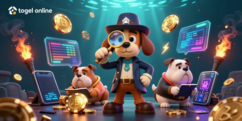 Ilustrasi 3D mendetail menunjukkan detektif anjing bloodhound dan bulldog Watson di dunia togel online.
