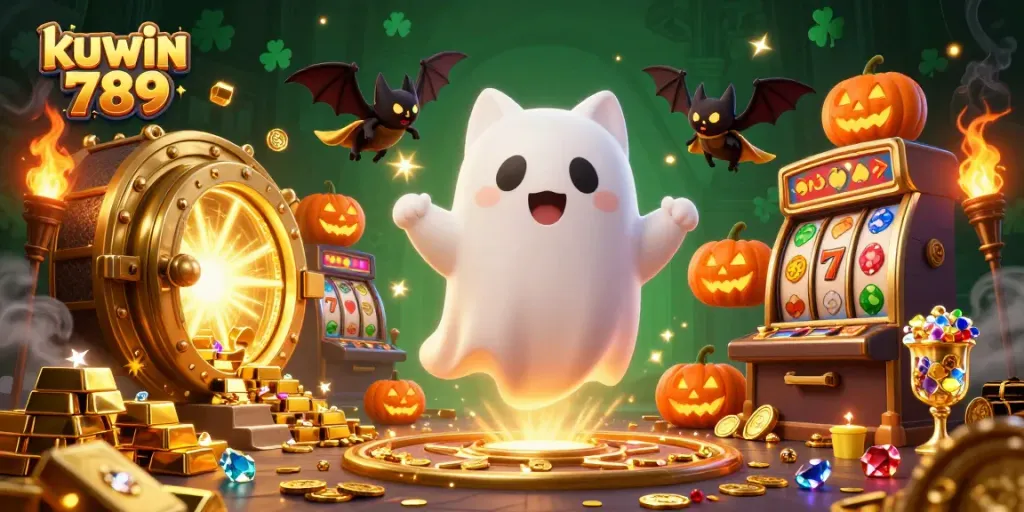 Engage in thrilling gaming with kuwin 789 as a ghost cat and bat explore a vibrant casino.