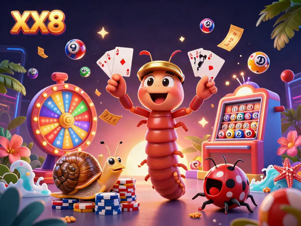 Experience the excitement of XX8 with a vibrant 3D illustration featuring a playful millipede dealer and a snail high-roller.