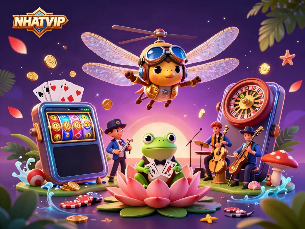 Experience NHATVIP's vibrant gaming world with a dragonfly pilot, frog croupier, and jazz musicians.