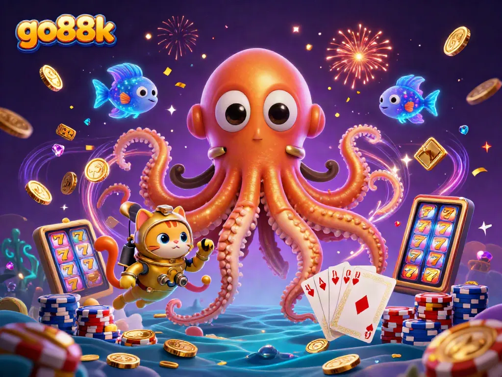 Engage with go88k's exciting online slots featuring a vibrant kraken scene and colorful game elements.