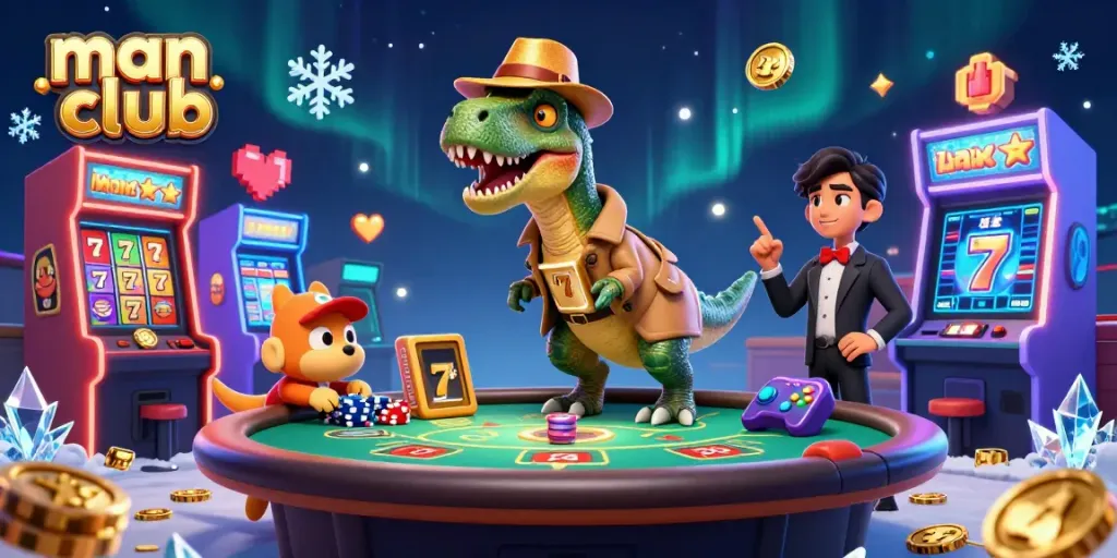 man club velociraptor plays blackjack while a stegosaurus pit boss oversees chips in a vibrant casino scene