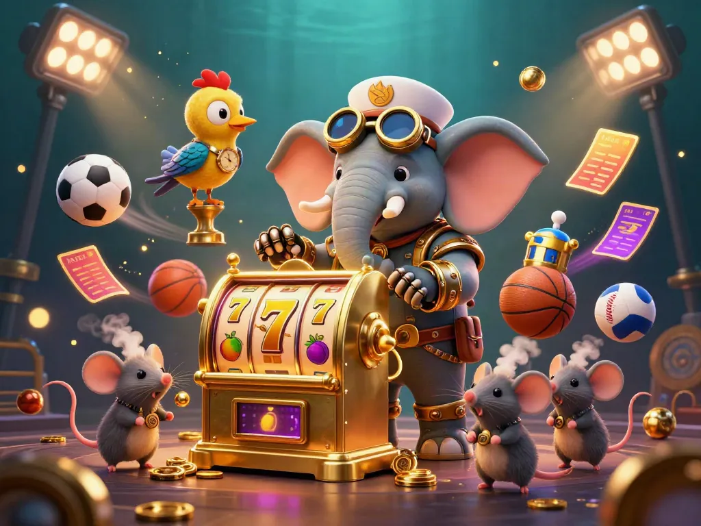 Engaging illustration of NOHU showcasing a steampunk elephant operating a slot machine in a dynamic casino environment.