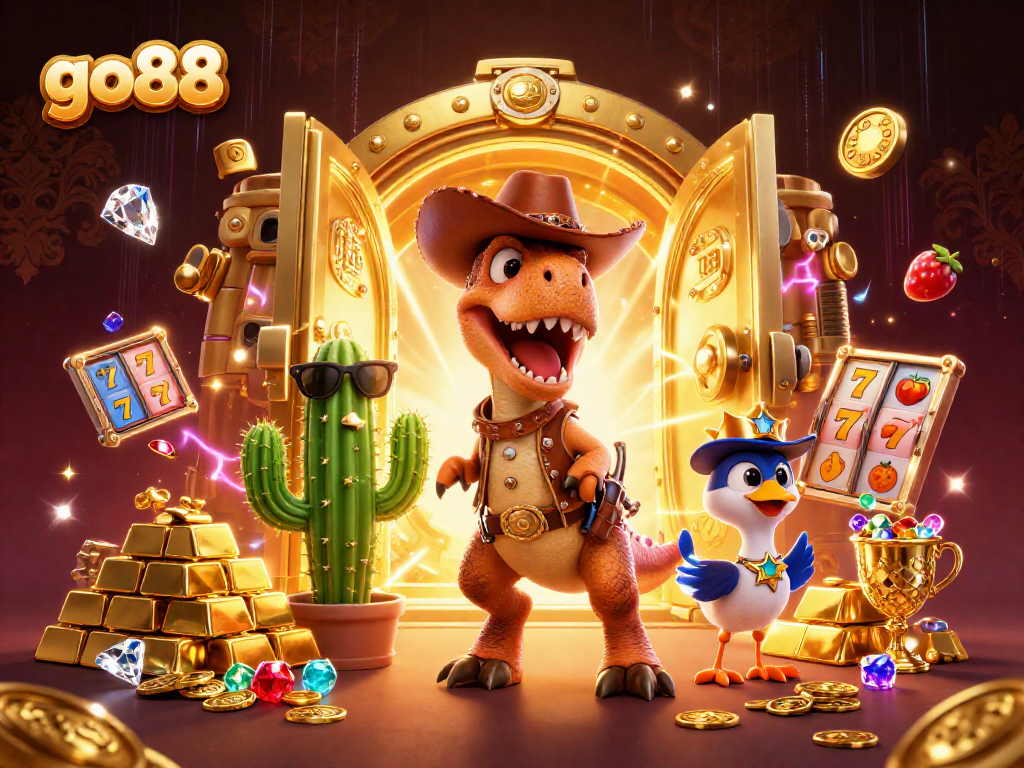Experience the thrill of go88 with a T-Rex, cactus, and roadrunner celebrating jackpot triumphs.