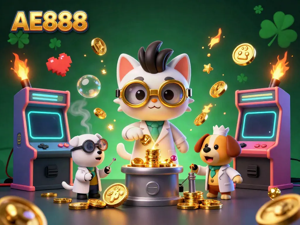 Engage in the exciting world of AE888 with a mad scientist cat and dog amidst casino-themed digital art.