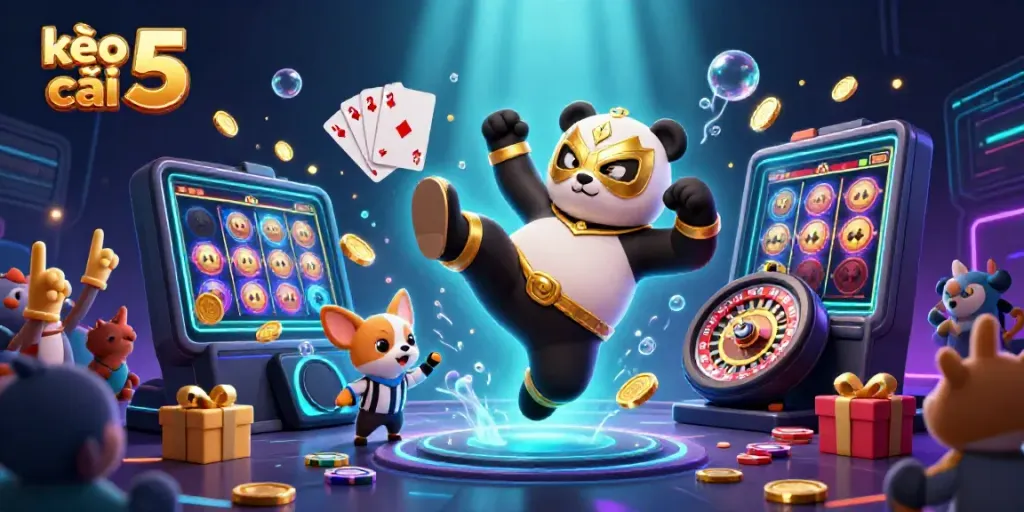 Experience the excitement of kèo nhà cái 5 with a dynamic illustration of a wrestling panda and animal fans in a vibrant casino scene.