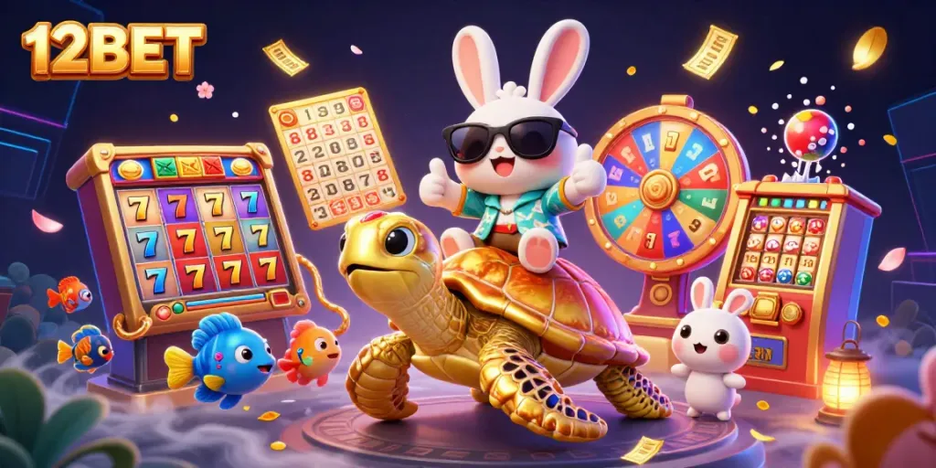 Experience 12BET's vibrant slots with a cartoon lucky rabbit and golden sea turtle in a dynamic casino scene.