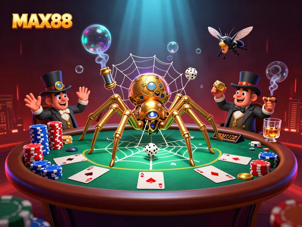 MAX88 captures an intriguing moment with a steampunk spider and a fly gentleman in a dynamic casino scene.