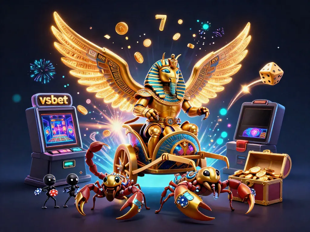 Experience the vibrant vsbet gaming universe with a glowing golden scarab beetle in an exciting casino scene.