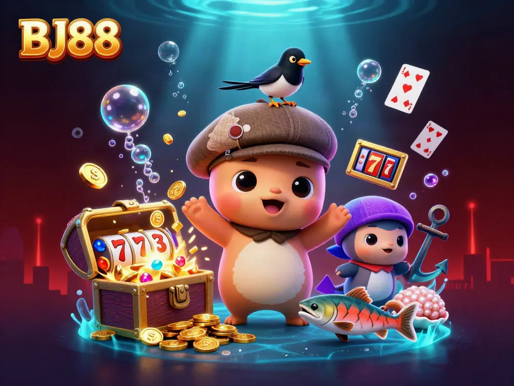 BJ88 offers a vibrant scene with playful characters and slot elements showcasing unique casino attractions.