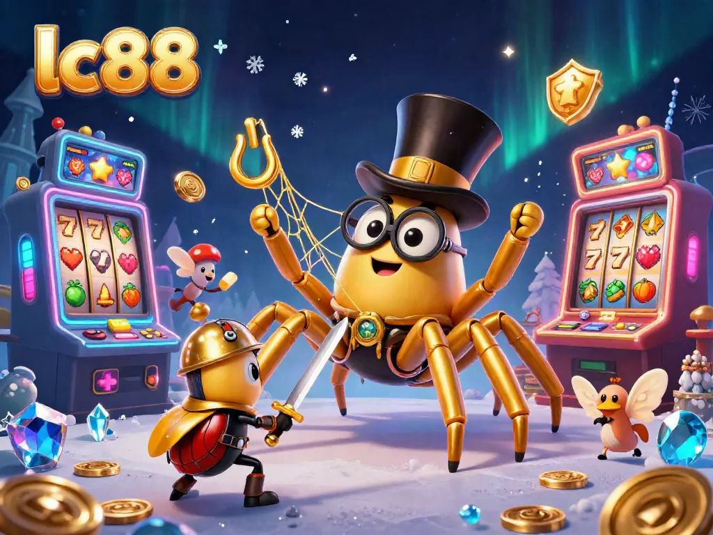 Engage with lc88's vibrant casino scene featuring a golden tarantula and beetle knight amidst spinning slot reels.