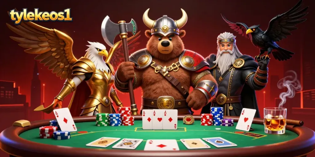 Experience high-stakes gambling with tylekeos1 as a Viking bear and Valkyrie eagle dominate the poker table.
