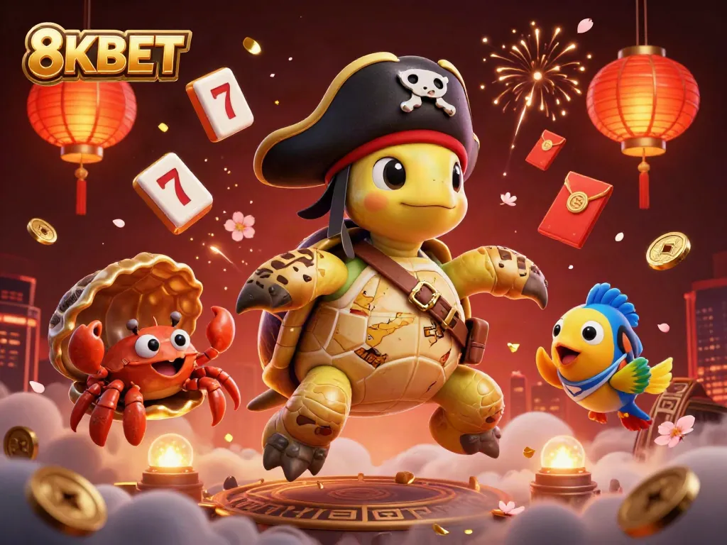 Win big with the vibrant 8KBET casino scene featuring cheerful characters and exciting gaming elements.
