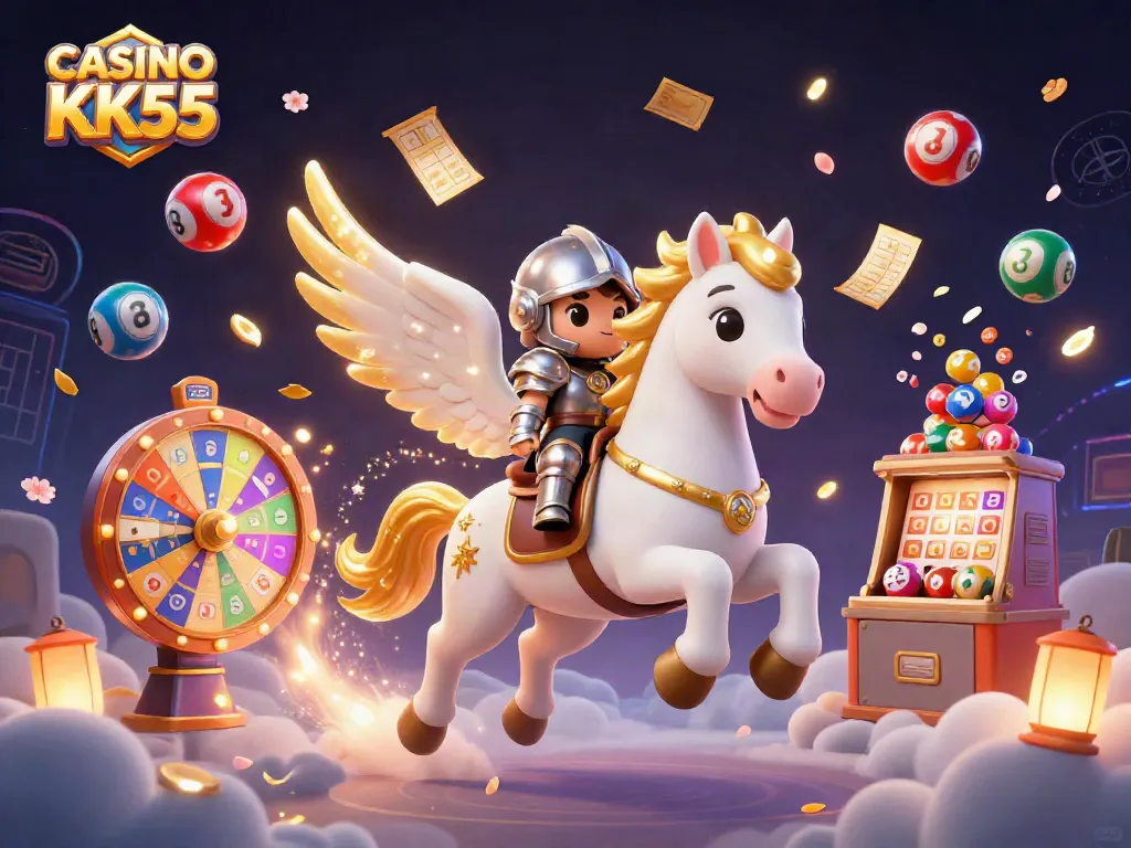 Experience the thrilling CASINO KK55 with a magical scene of a celestial horse, knight, and dynamic gaming elements.