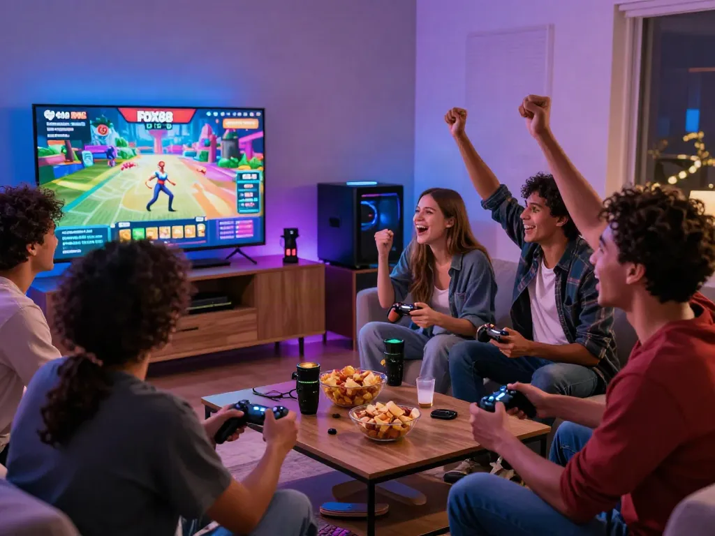 Friends enjoying a gaming night with Fox88 interface on display, vibrant atmosphere.