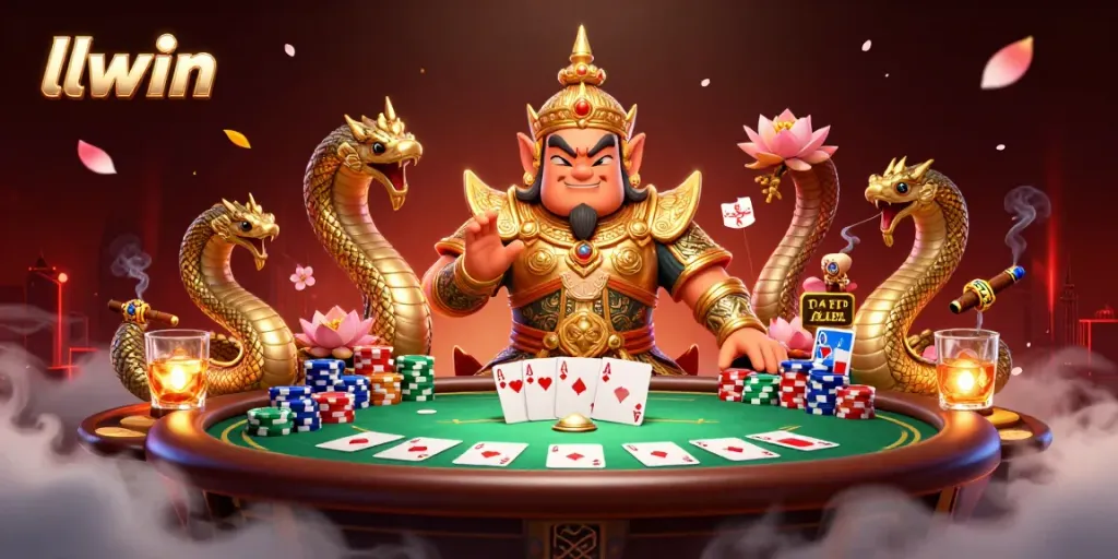Experience thrilling poker action with llwin at a vibrant casino scene featuring a friendly guardian.
