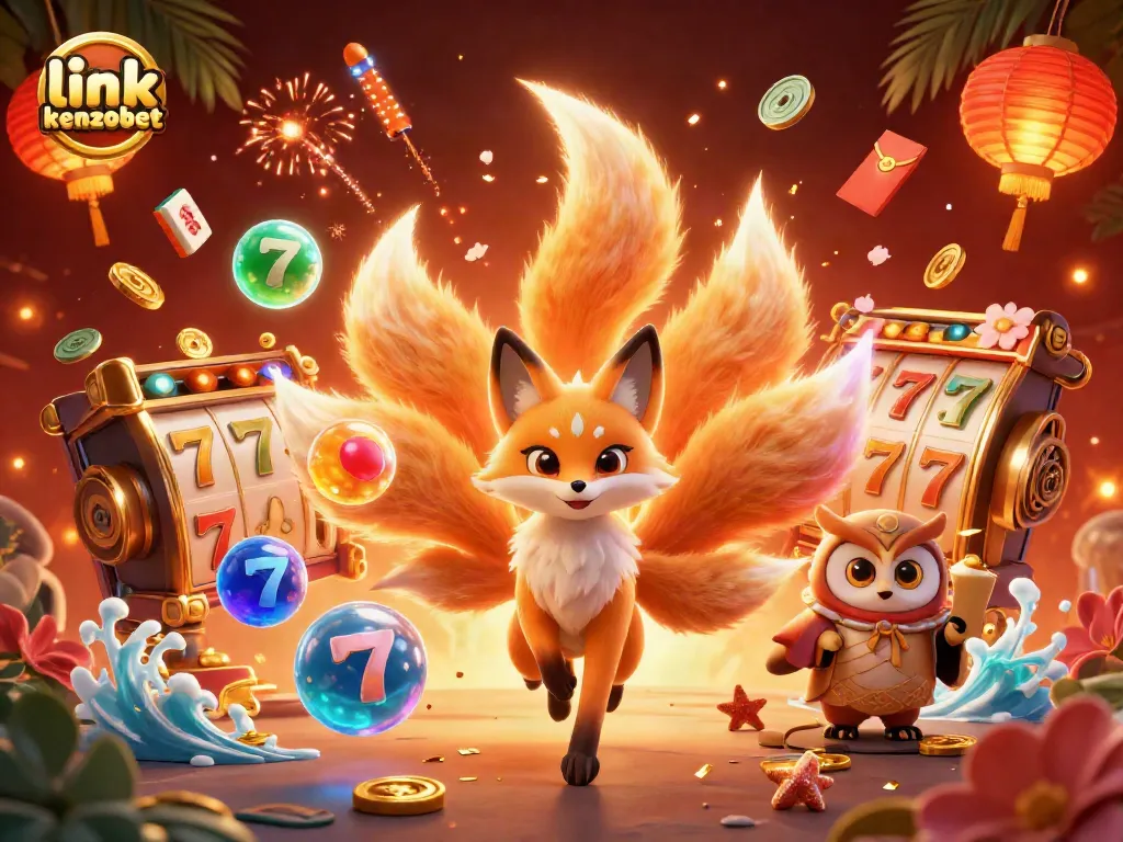 Play on link kenzobet with glowing 3D fox and owl sage in a vibrant casino scene.