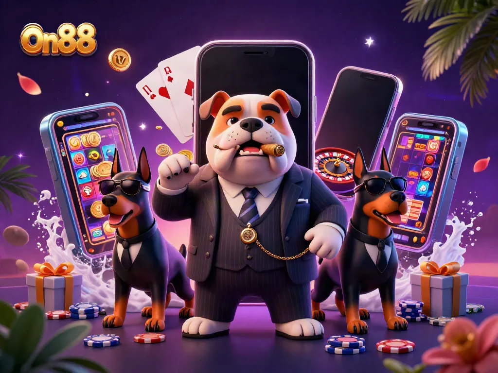 Experience the excitement of on88 with a vibrant illustration featuring a mafia bulldog and his Doberman bodyguards amidst casino game elements.
