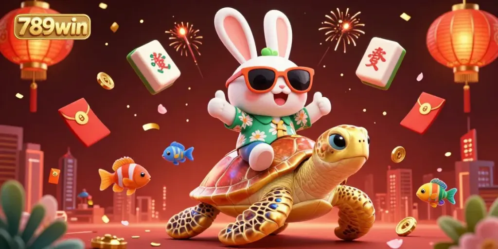 Engage with 789win's vibrant online gaming scene featuring a lucky rabbit riding a golden sea turtle.