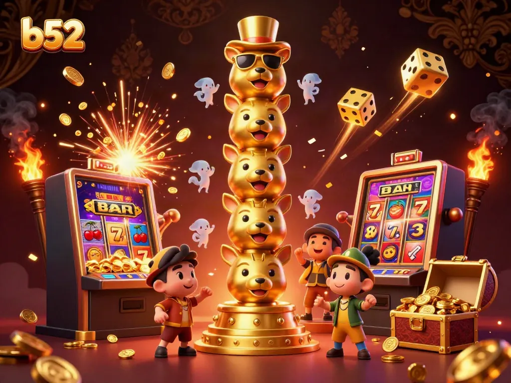 Engage in vibrant casino action with b52-themed totem pole and bursting jackpot elements.