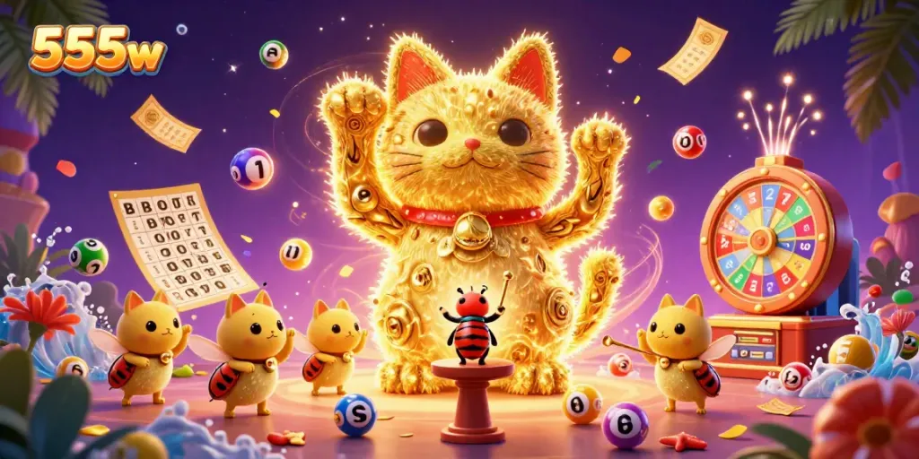 Experience the vibrant excitement of 555w with a dynamic lucky cat illustration amidst lively casino symbols.