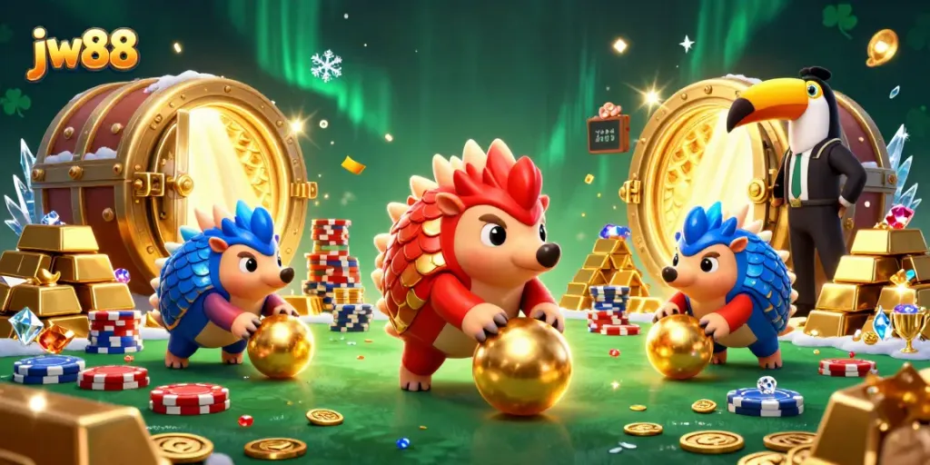 JW88 pangolins compete in a vibrant casino scene, engaging in dynamic betting action amidst gold coins and poker chips.