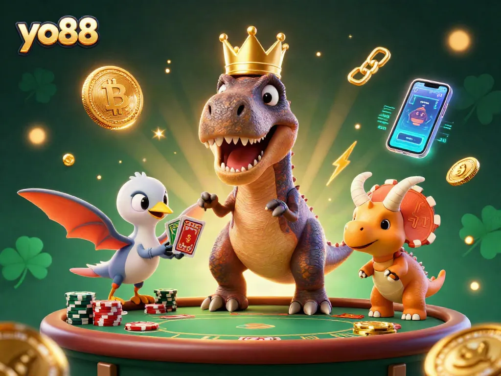 Join the excitement of yo88 with a T-Rex shuffling cards surrounded by poker and crypto elements.