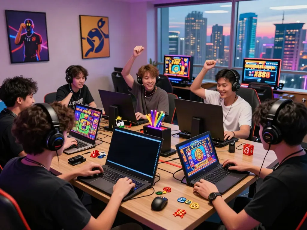 Enthusiastic players enjoying slot88 games in a vibrant gaming environment.