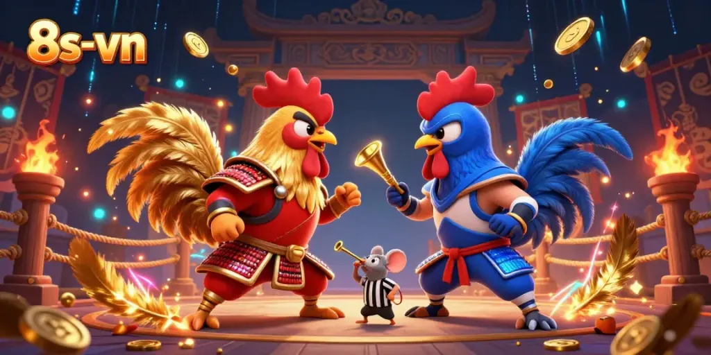 Experience thrilling action as twin 3D roosters battle in the 8s-vn arena, featuring vibrant casino elements.