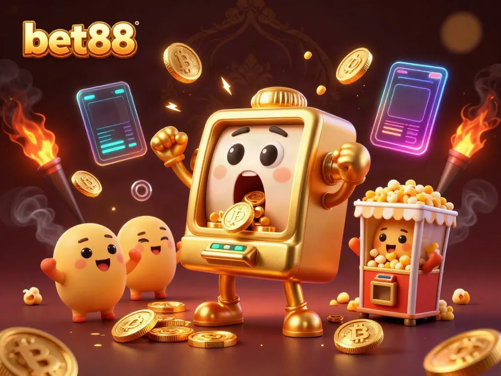Experience excitement at bet88 with a 3D golden slot machine celebrating a jackpot, surrounded by cryptocurrency elements.