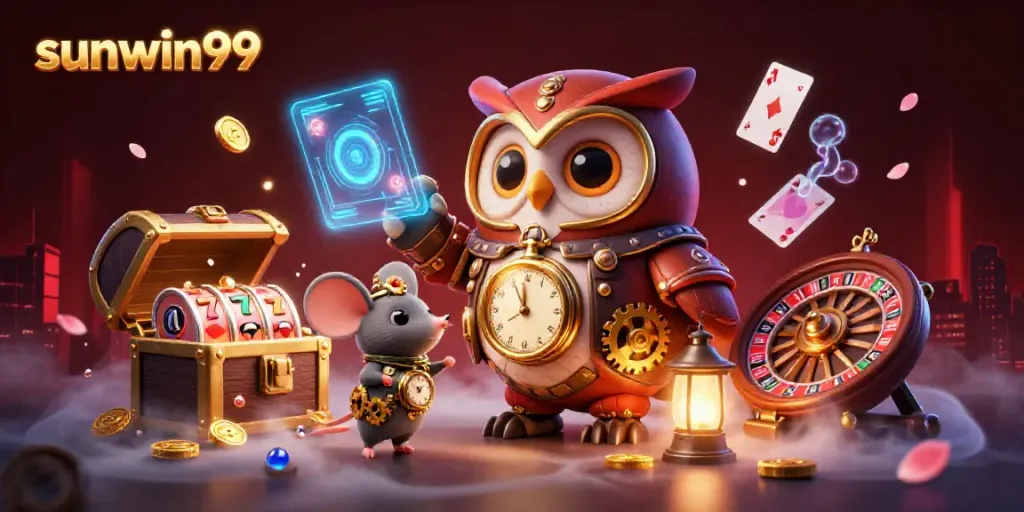 Spin to win with sunwin99: vibrant scene of a time-traveling owl amid colorful casino elements