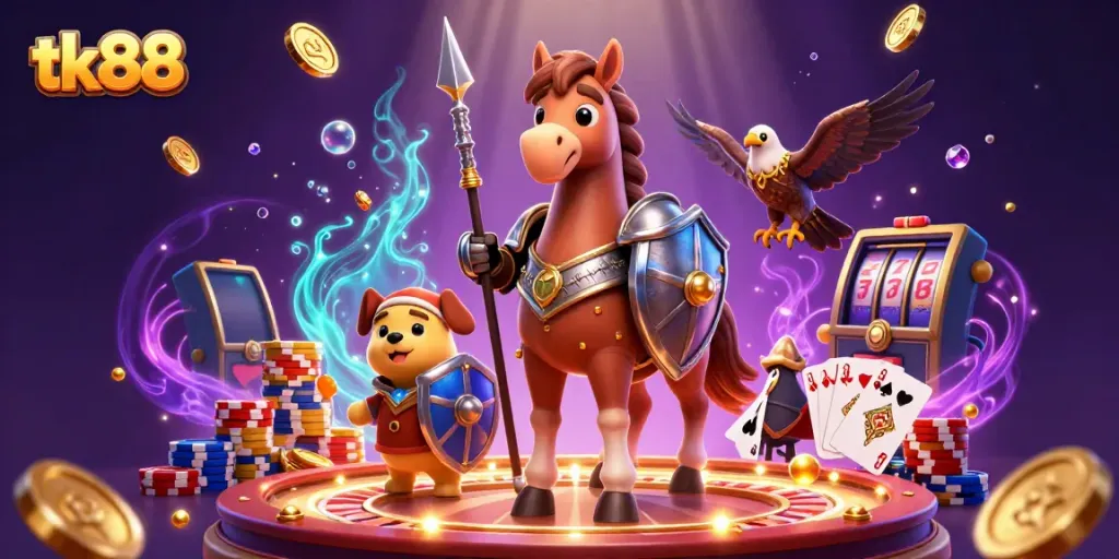 A dynamic casino scene featuring tk88 elements with a knight horse, a puppy, and a falcon amidst flying coins and cards.