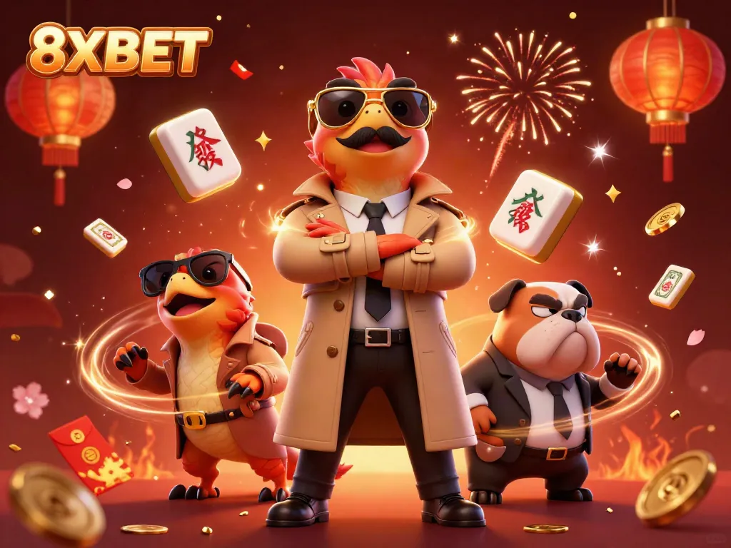 3D cartoon raptors attempting entry at 8XBET casino, highlighted by festive decorations.