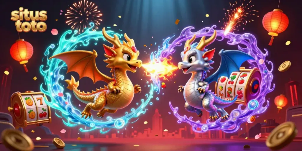 Mengelola situs toto yang menyenangkan dengan naga dan elemen slot dalam ilustrasi menakjubkan.