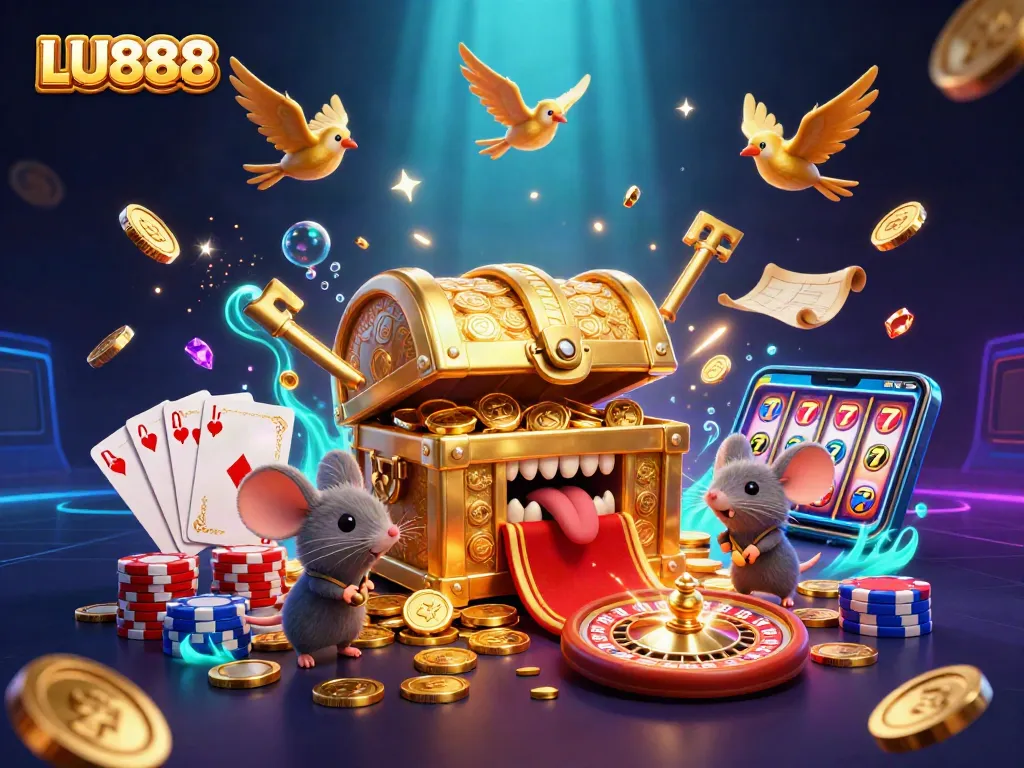 Experience exciting gameplay with LU888, showcasing an engaging 3D casino scene filled with treasures.