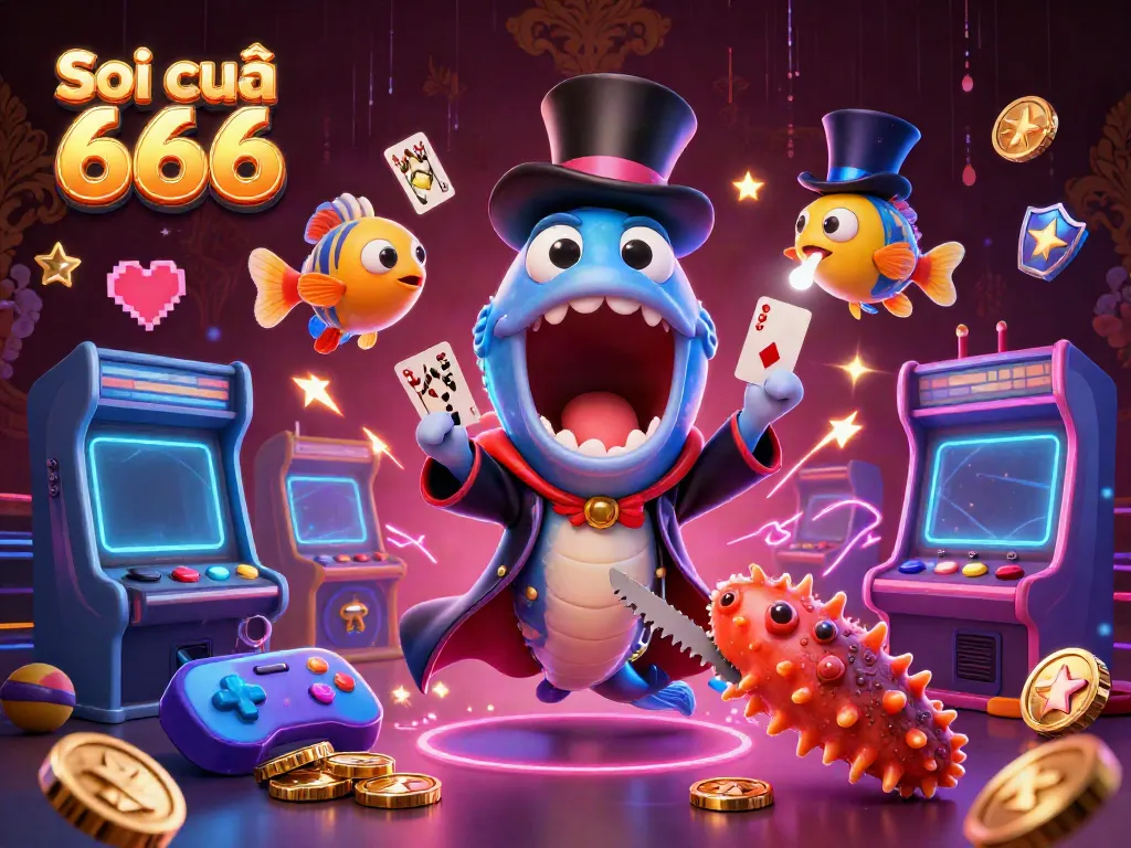 Soi cầu 666 featuring a bioluminescent gulper eel magician performing card tricks in a vibrant casino scene.
