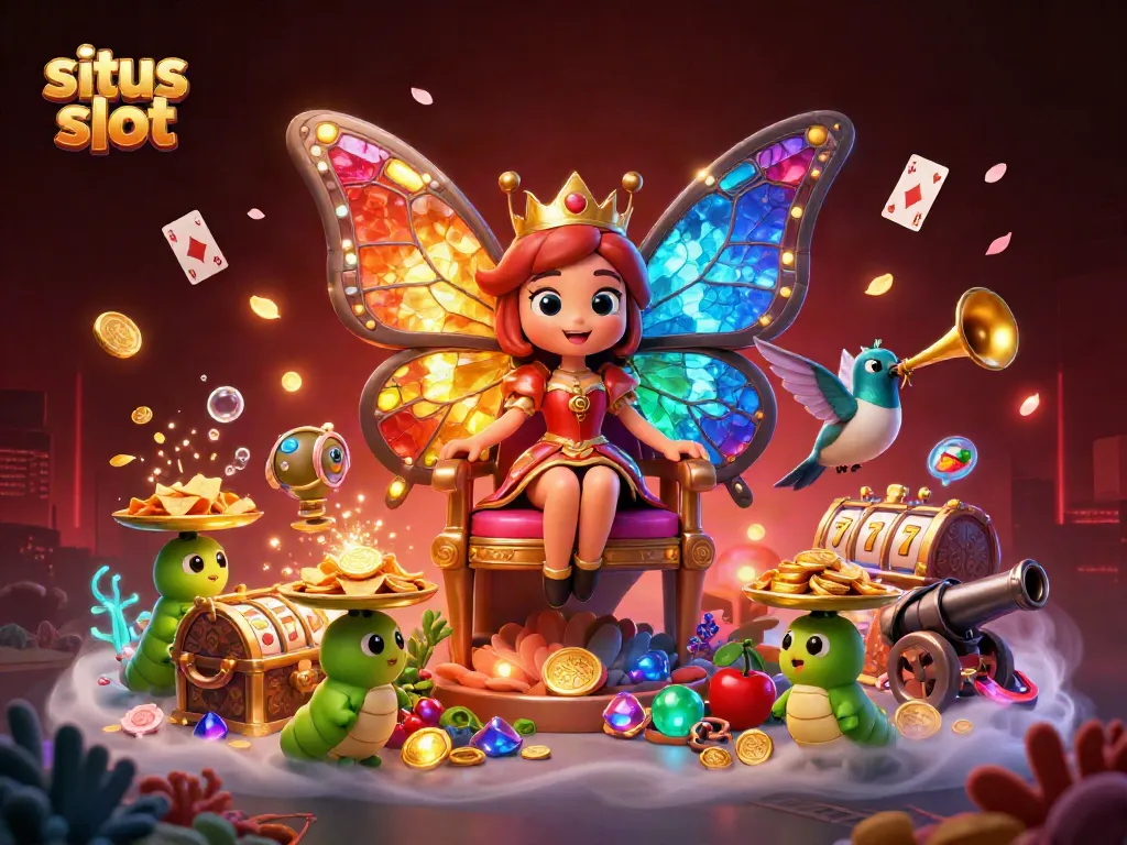 Experience the vibrant world of situs slot with a butterfly queen amidst colorful gems and slot reels.