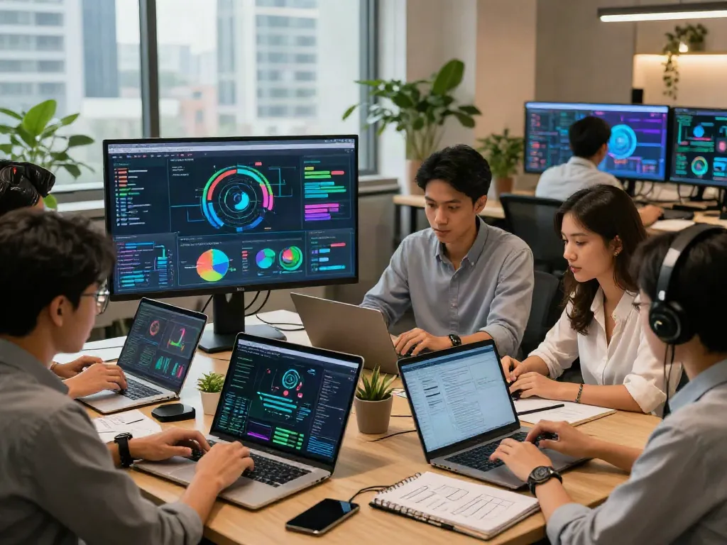 Team collaborating around technology and data analytics at istana 404, showcasing a modern digital workspace.