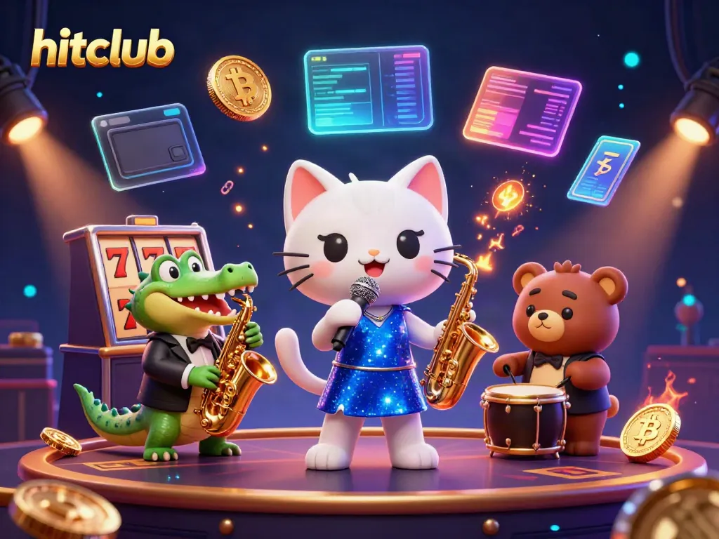 Celebrate at hitclub with lively cartoon characters in a vibrant casino scene, showcasing slot reels and neon coins.