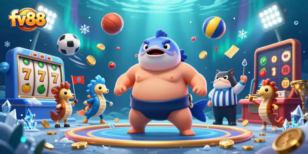 Engage with fv88's vibrant underwater casino scene featuring a playful fugu and thrilling slot action.