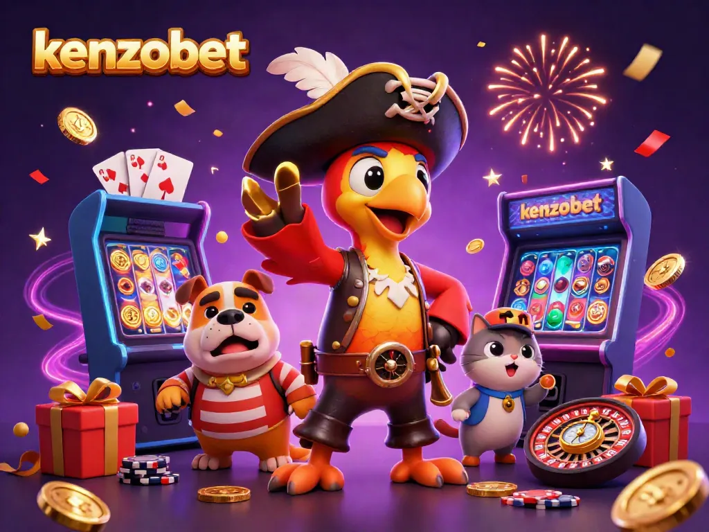 Spin and win at Kenzobet with pirates, slots, and festive game elements in a vibrant 3D scene.