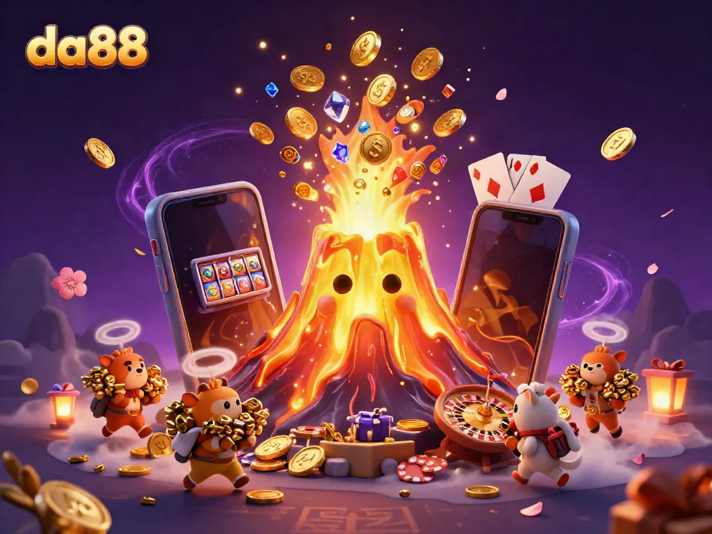 Experience da88's thrilling casino adventure with a golden volcano erupting treasure and games.