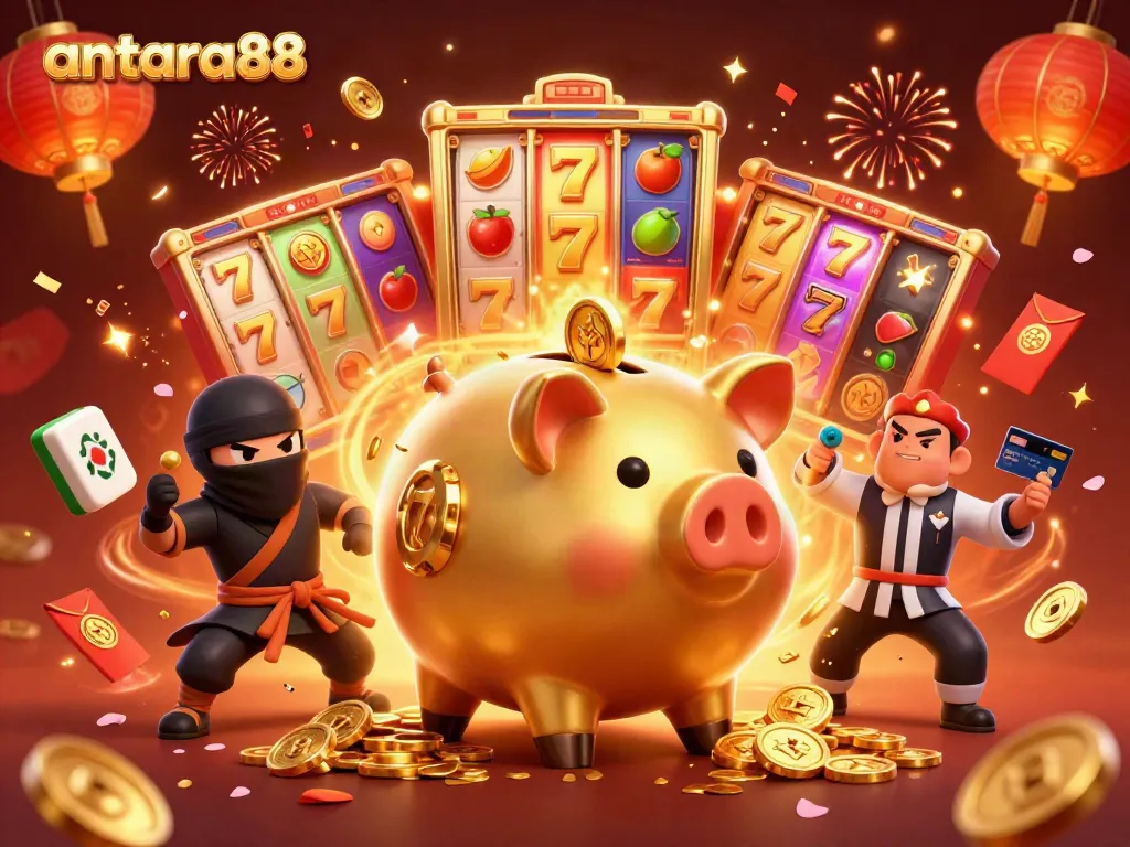 Engage with antara88 as a golden piggy bank sumo wrestler celebrates wins amid vibrant casino elements.