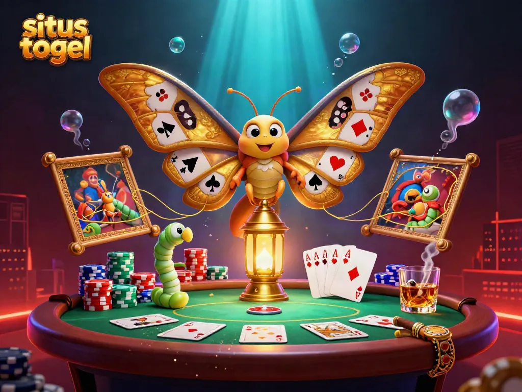 Engaging scene depicting situs togel with 3D cartoon atlas moths amid vibrant casino elements, creating dynamic gambling excitement.