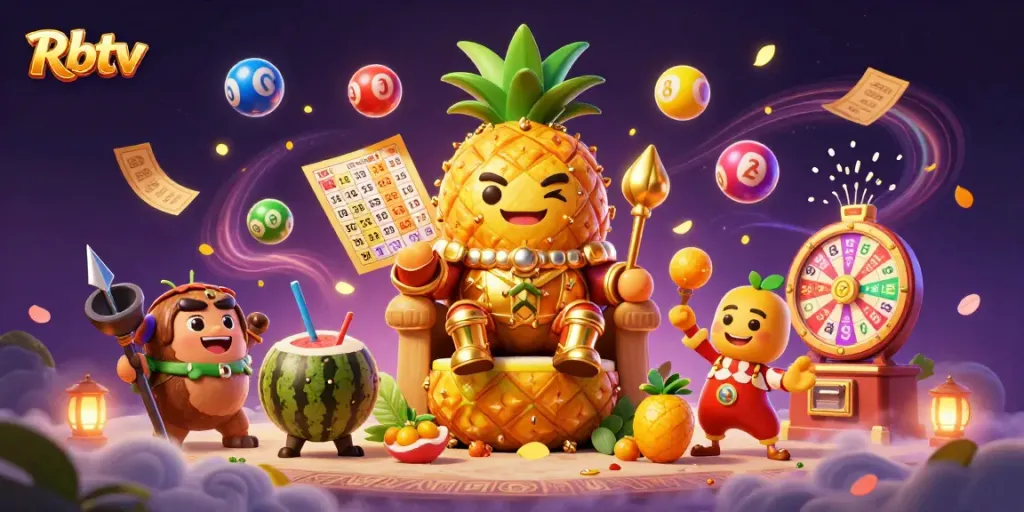 Rbtv untuk menang di kasino, menggambarkan raja nanas emas dan elemen perjudian yang dinamis.