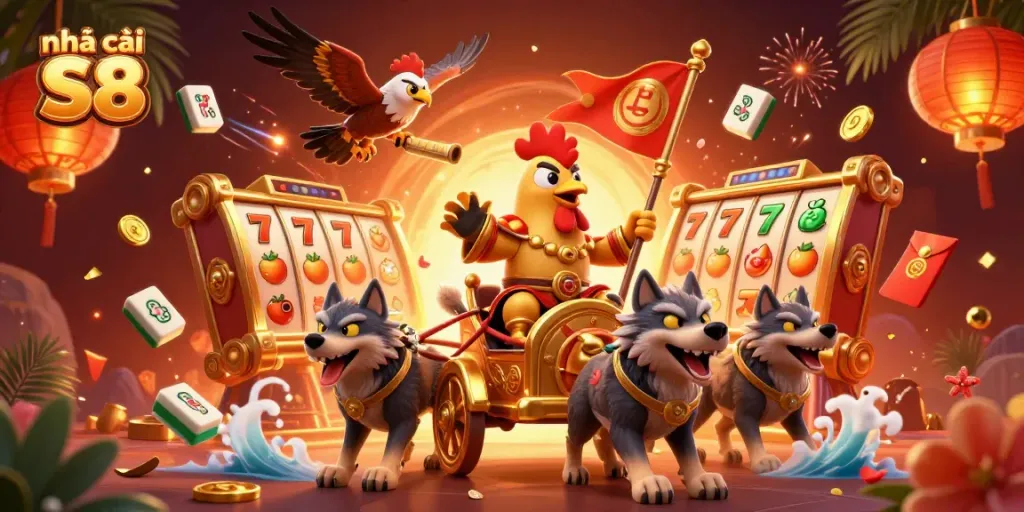 Experience the thrill of nhà cái S8 with an exciting scene of a rooster warlord in a casino setting.