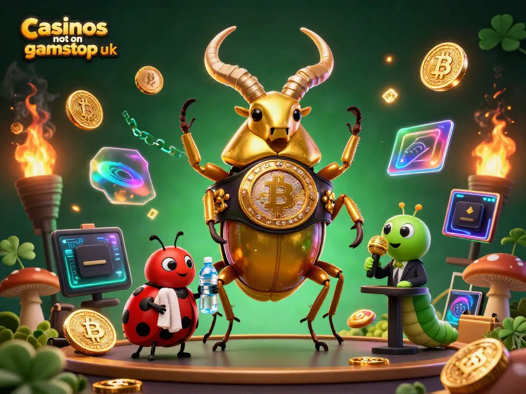 Engage with casinos not on gamstop uk featuring animated characters and glowing crypto elements in a vibrant scene.