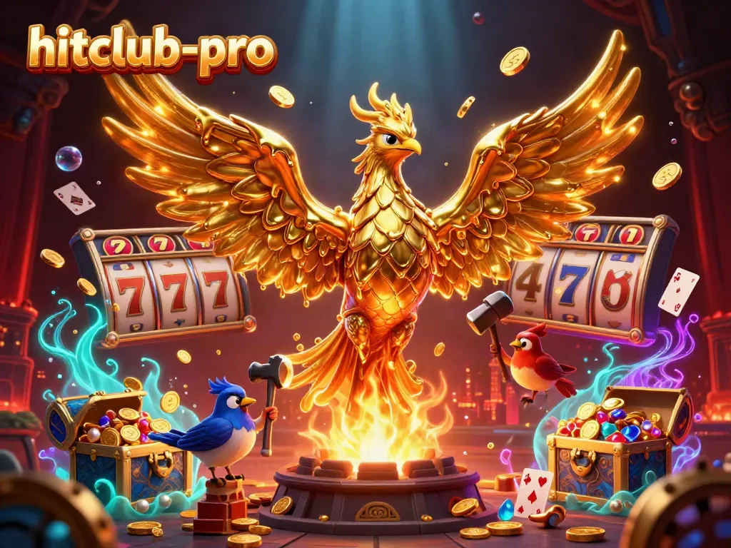 Experience the adventure at hitclub-pro with a golden phoenix and casino treasures in a vibrant 3D illustration.