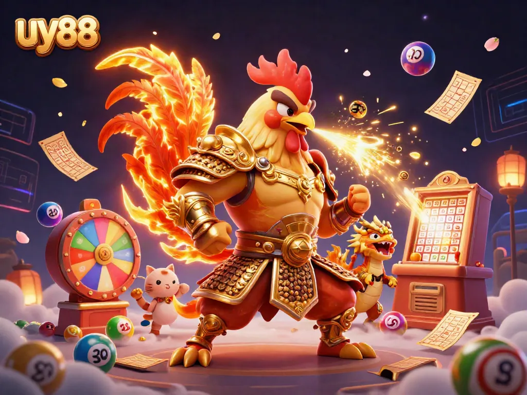 Engage with uy88 at this vibrant 3D casino scene featuring a golden rooster warrior, dragon hatchling, and game elements.