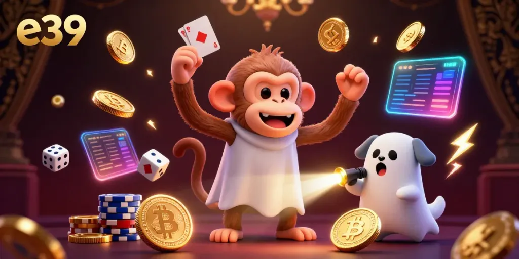 Experience the thrill of e39 with a playful casino scene featuring a poltergeist monkey and ghost-hunter puppy.